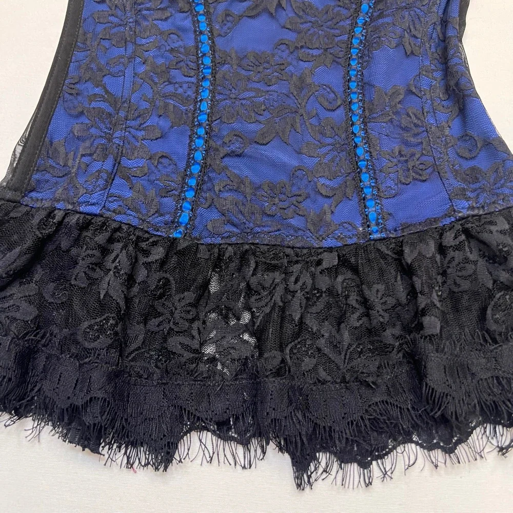 Seven til Midnight‎ Blue Black Lace Corset Burlesque Pin Up Bustier Top Size L